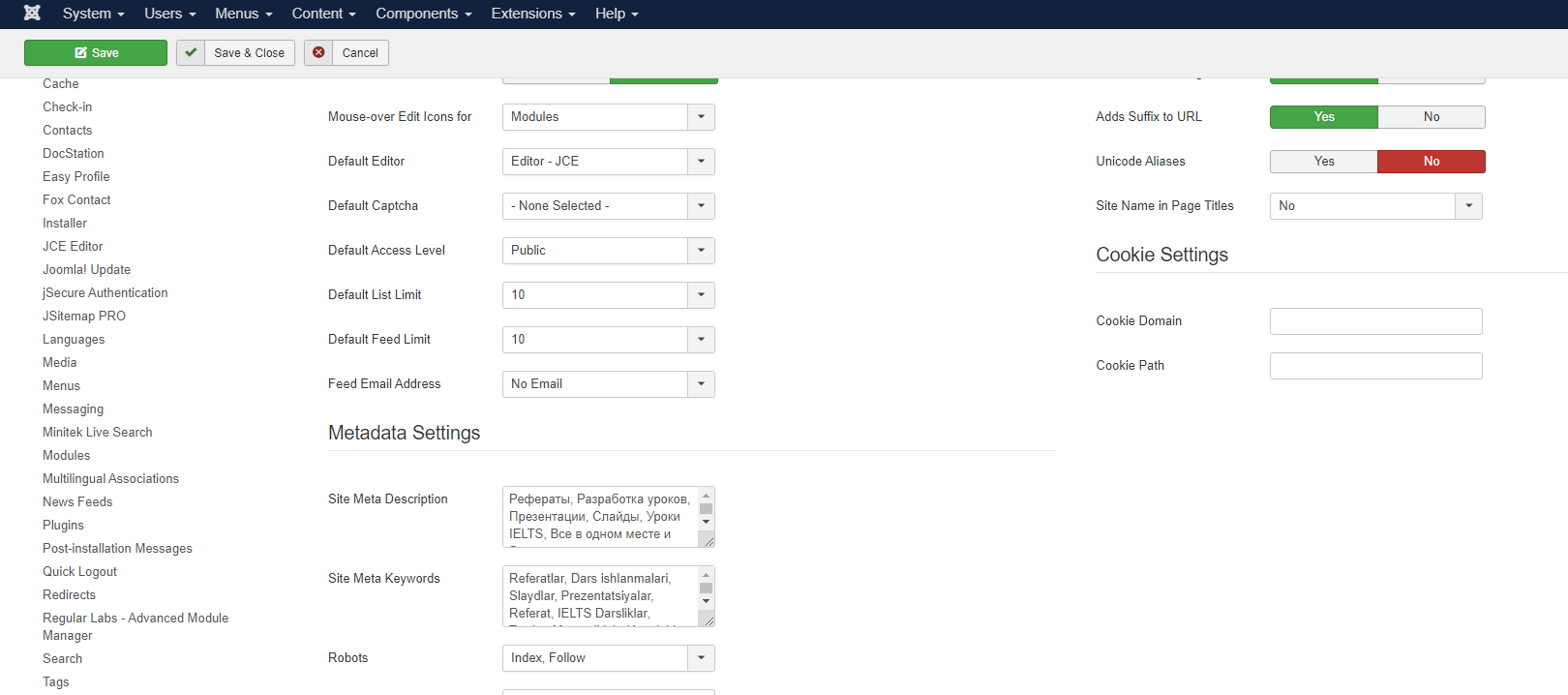 metadati di joomla